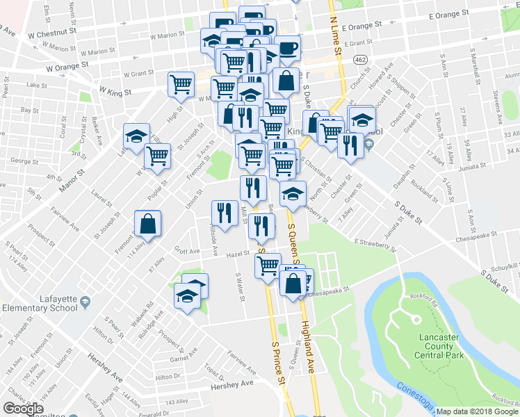 map of restaurants, bars, coffee shops, grocery stores, and more near 355 South Prince Street in Lancaster