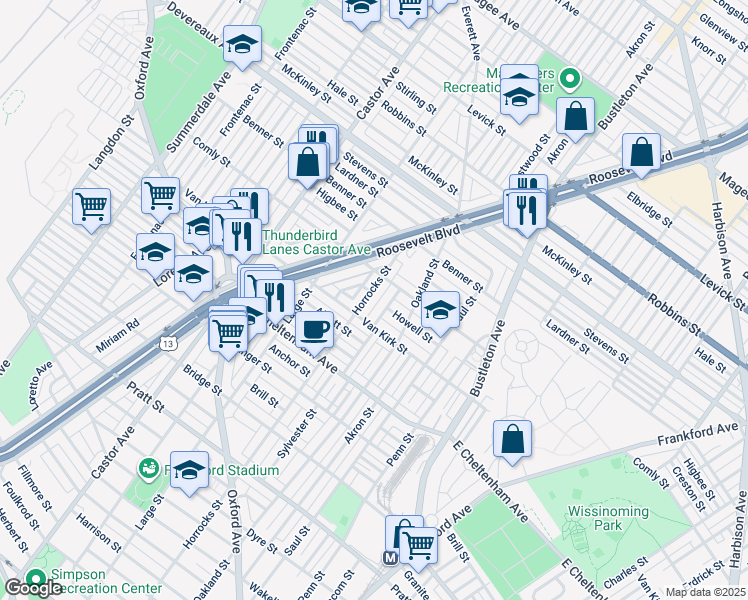 map of restaurants, bars, coffee shops, grocery stores, and more near 5929 Horrocks Street in Philadelphia