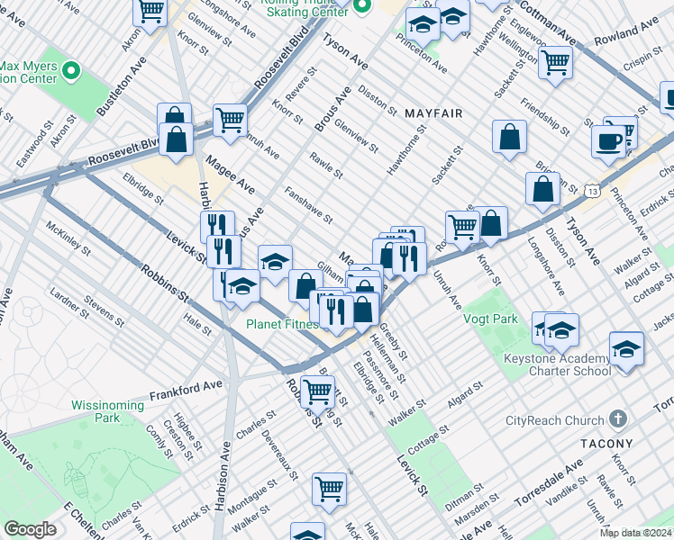 map of restaurants, bars, coffee shops, grocery stores, and more near 3117 Gilham Street in Philadelphia