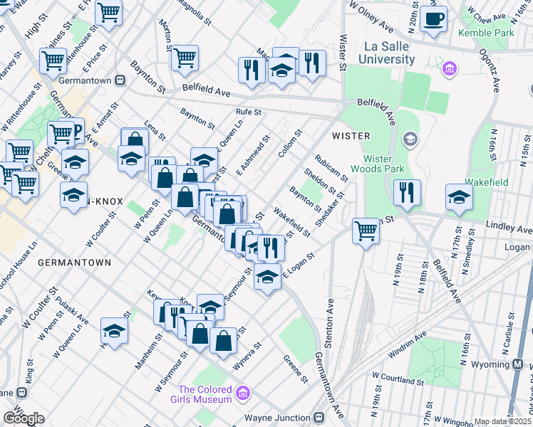 map of restaurants, bars, coffee shops, grocery stores, and more near 88-90 East Wister Street in Philadelphia