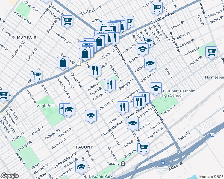 map of restaurants, bars, coffee shops, grocery stores, and more near 7123 Cottage Street in Philadelphia
