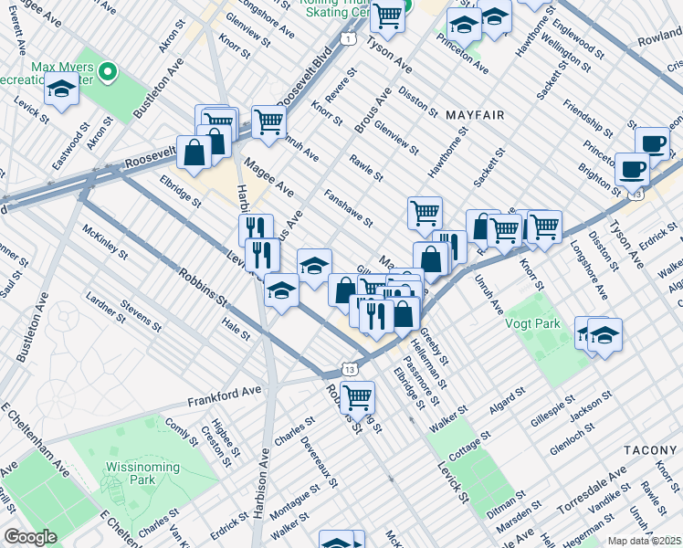 map of restaurants, bars, coffee shops, grocery stores, and more near 3037 Hellerman Street in Philadelphia
