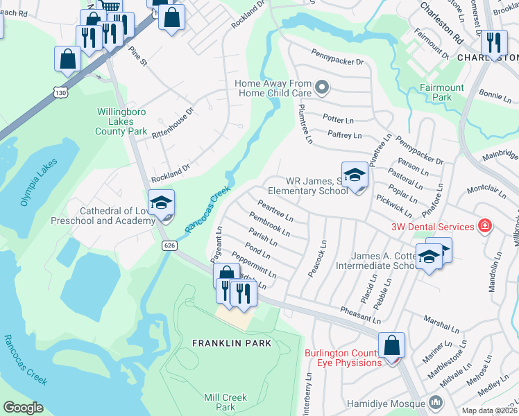 map of restaurants, bars, coffee shops, grocery stores, and more near 104 Pageant Lane in Willingboro
