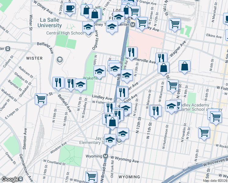map of restaurants, bars, coffee shops, grocery stores, and more near 5133 North Carlisle Street in Philadelphia