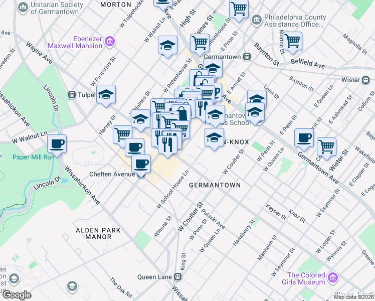 map of restaurants, bars, coffee shops, grocery stores, and more near 156 Maplewood Avenue in Philadelphia