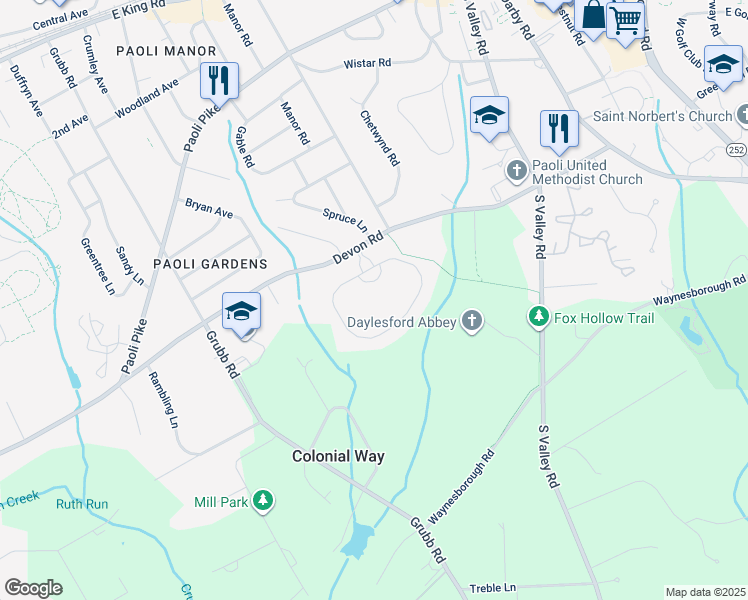 map of restaurants, bars, coffee shops, grocery stores, and more near 50 Devon Circle in Paoli