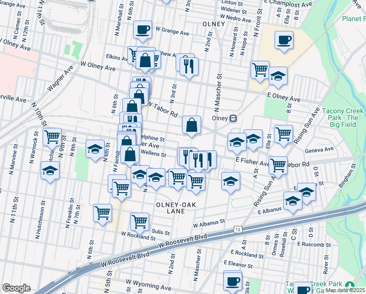 map of restaurants, bars, coffee shops, grocery stores, and more near 221 West Fisher Avenue in Philadelphia