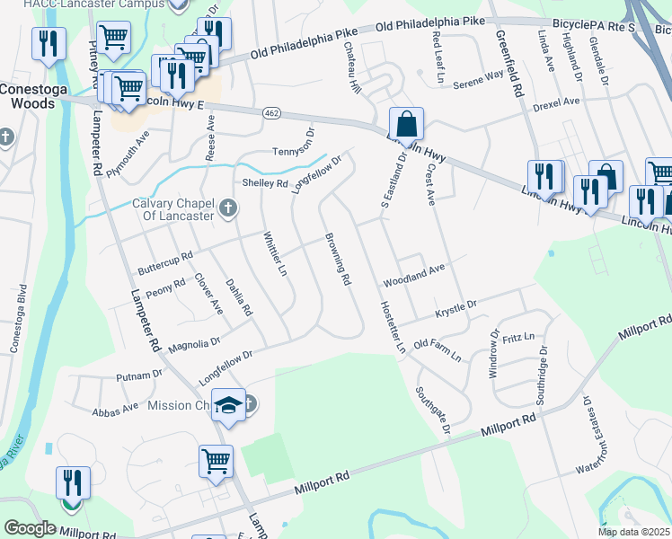 map of restaurants, bars, coffee shops, grocery stores, and more near 226 Browning Road in Lancaster