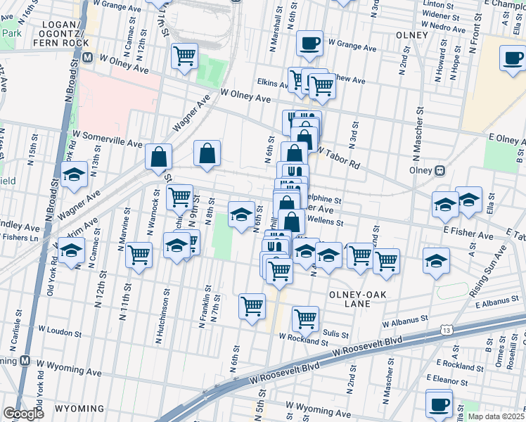 map of restaurants, bars, coffee shops, grocery stores, and more near 5245 North 6th Street in Philadelphia