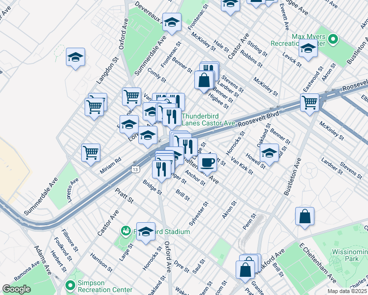 map of restaurants, bars, coffee shops, grocery stores, and more near 5829 Roosevelt Boulevard in Philadelphia