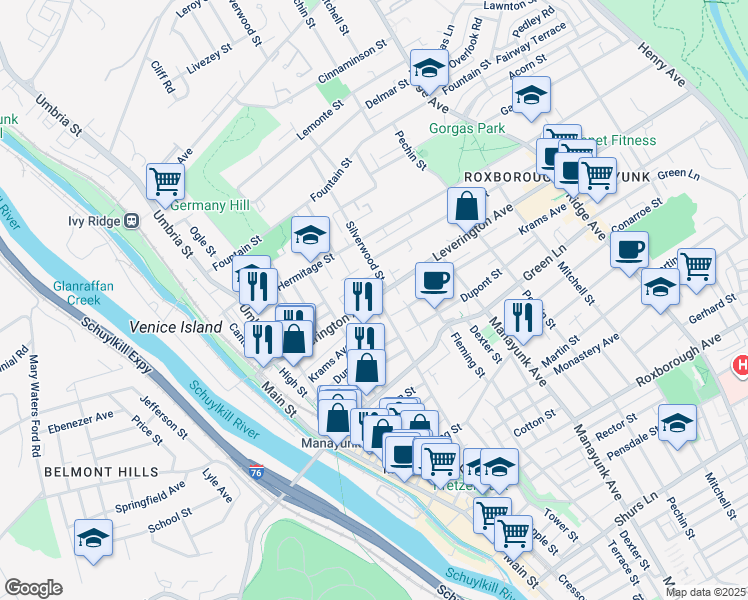 map of restaurants, bars, coffee shops, grocery stores, and more near 4598 Silverwood Street in Philadelphia
