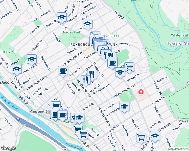 map of restaurants, bars, coffee shops, grocery stores, and more near 420 Lyceum Avenue in Philadelphia