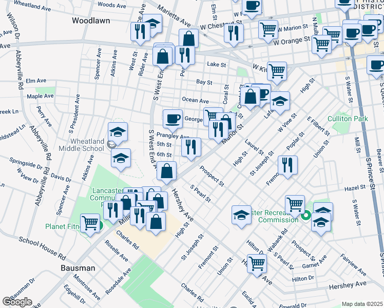 map of restaurants, bars, coffee shops, grocery stores, and more near 716 5th Street in Lancaster