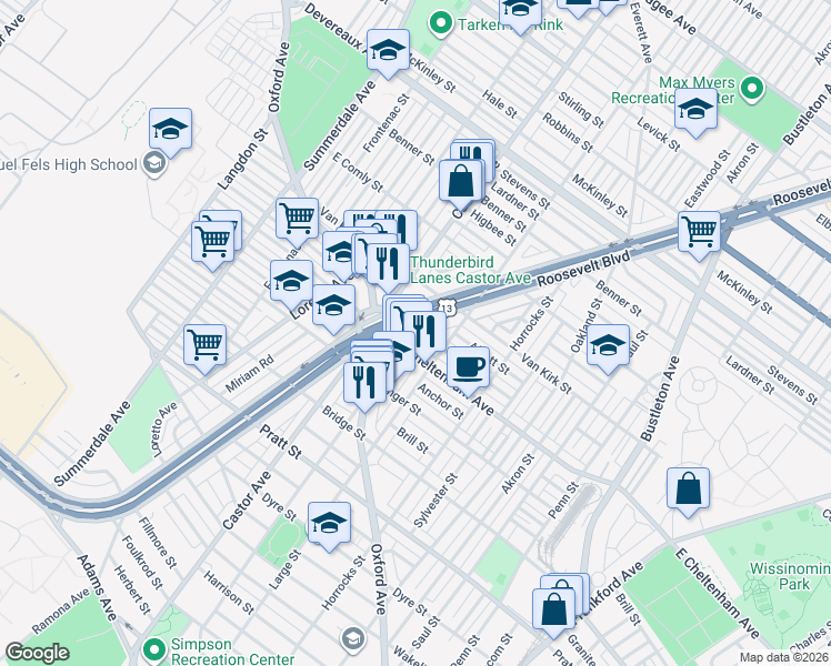 map of restaurants, bars, coffee shops, grocery stores, and more near 5851 Roosevelt Boulevard in Philadelphia