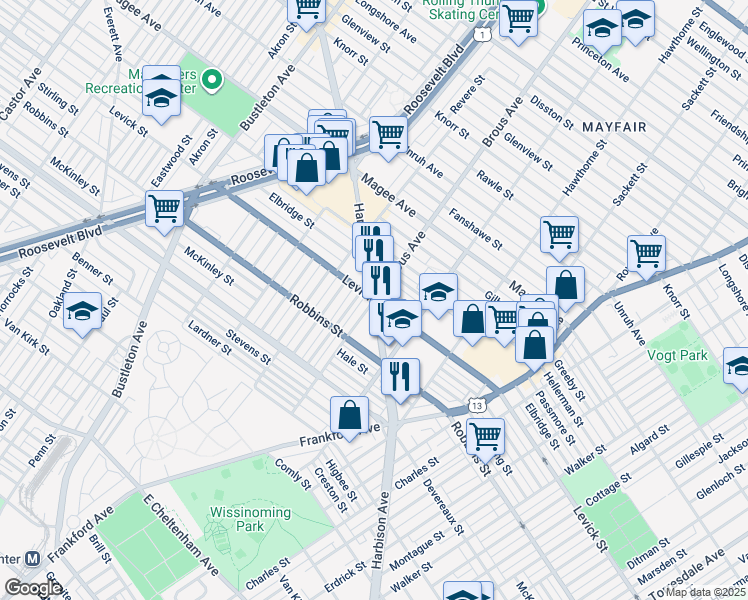 map of restaurants, bars, coffee shops, grocery stores, and more near Levick St & Harbison Ave in Philadelphia