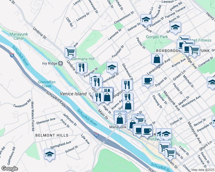 map of restaurants, bars, coffee shops, grocery stores, and more near 4658 Mansion Street in Philadelphia