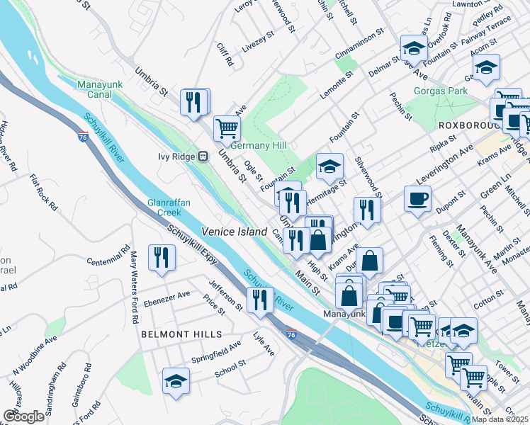 map of restaurants, bars, coffee shops, grocery stores, and more near 128 Wright Street in Philadelphia