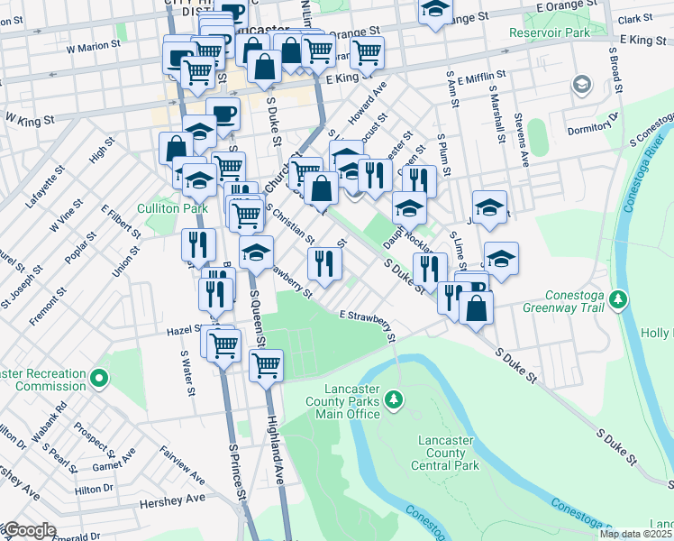map of restaurants, bars, coffee shops, grocery stores, and more near 508 Woodward Street in Lancaster