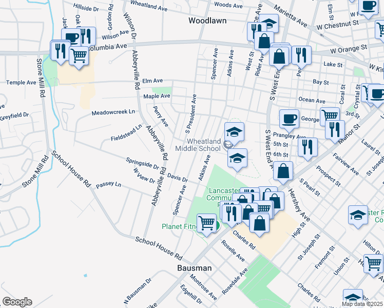 map of restaurants, bars, coffee shops, grocery stores, and more near 410 Spencer Avenue in Lancaster