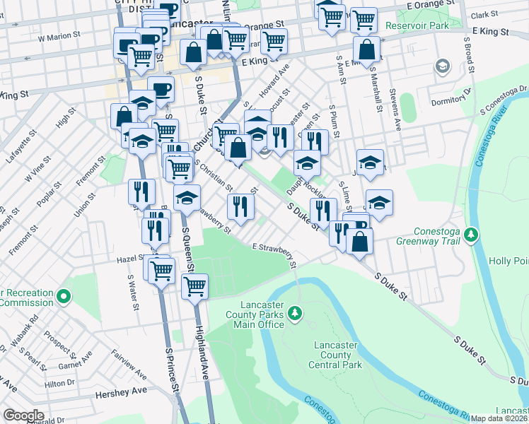 map of restaurants, bars, coffee shops, grocery stores, and more near 566 South Duke Street in Lancaster