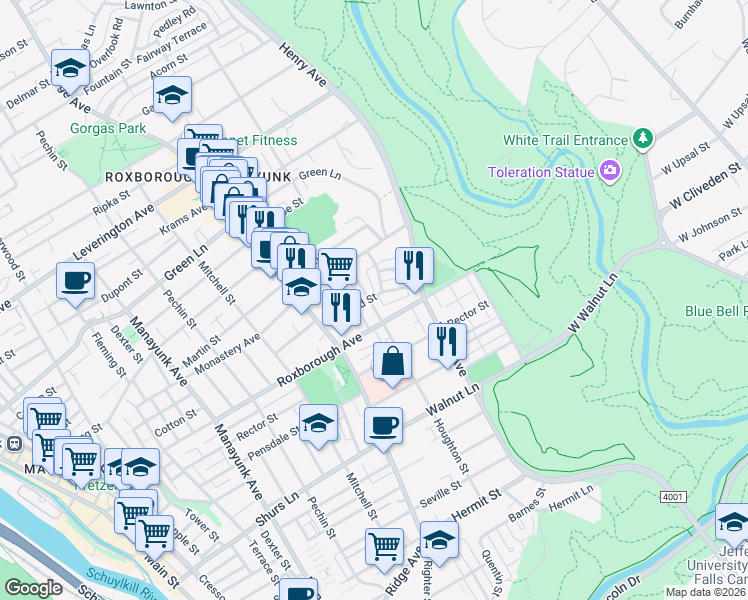 map of restaurants, bars, coffee shops, grocery stores, and more near 5928 Houghton Street in Philadelphia