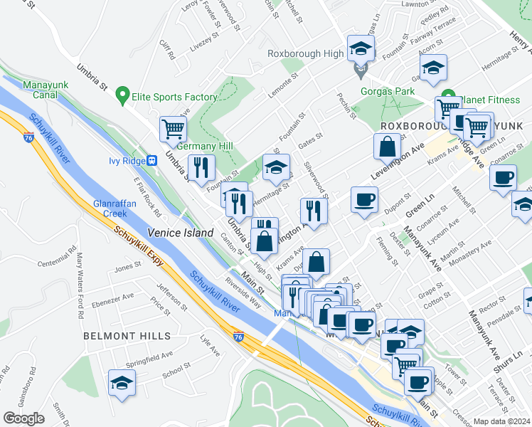 map of restaurants, bars, coffee shops, grocery stores, and more near 4658 Mansion Street in Philadelphia