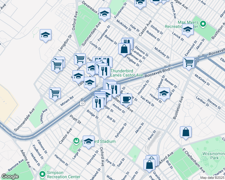 map of restaurants, bars, coffee shops, grocery stores, and more near 5829 Roosevelt Boulevard in Philadelphia
