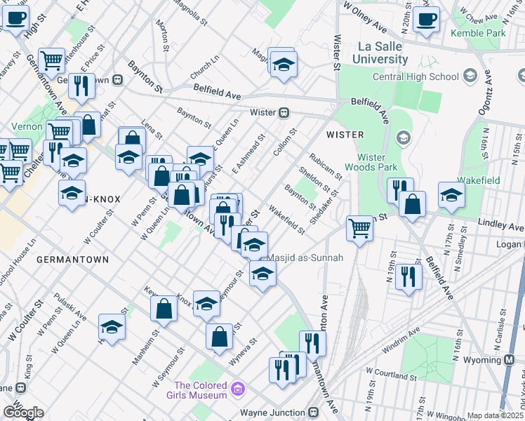 map of restaurants, bars, coffee shops, grocery stores, and more near 88-90 East Wister Street in Philadelphia