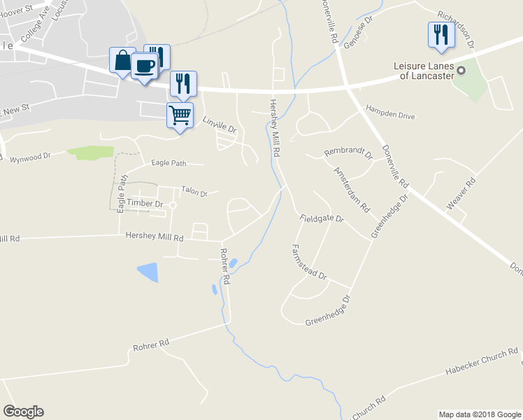 map of restaurants, bars, coffee shops, grocery stores, and more near 314 Millstone Drive in Mountville