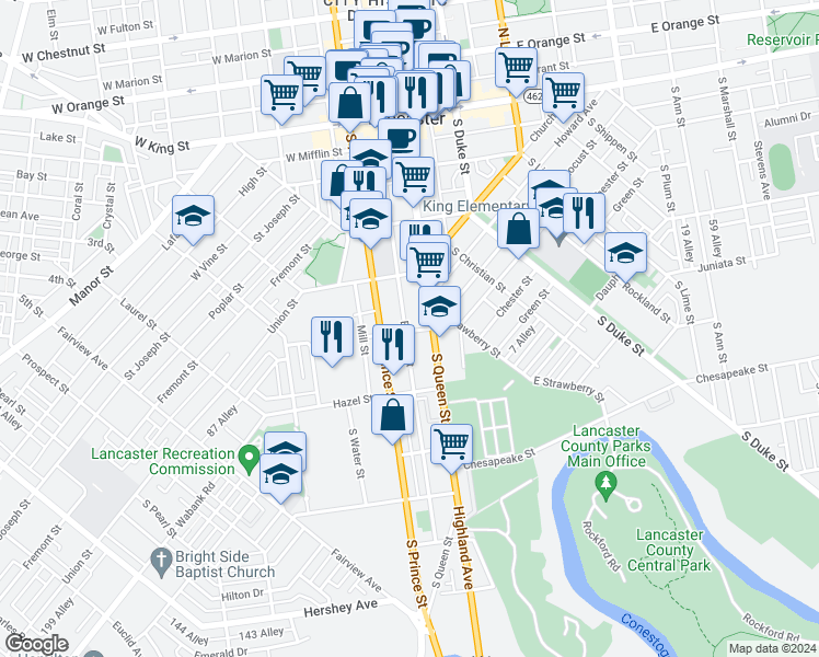 map of restaurants, bars, coffee shops, grocery stores, and more near 361 Beaver Street in Lancaster