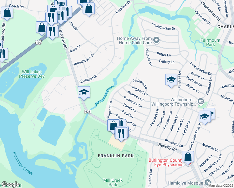map of restaurants, bars, coffee shops, grocery stores, and more near 60 Pageant Lane in Willingboro