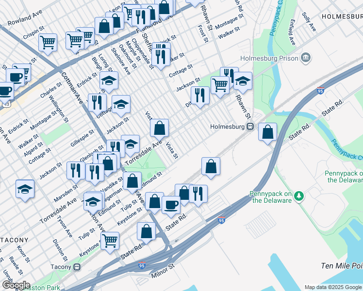 map of restaurants, bars, coffee shops, grocery stores, and more near 4745 Shelmire Avenue in Philadelphia