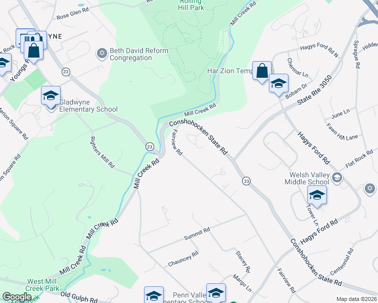 map of restaurants, bars, coffee shops, grocery stores, and more near 39 Fairview Road in Penn Valley