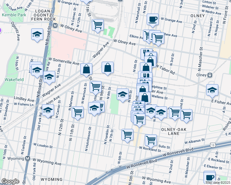 map of restaurants, bars, coffee shops, grocery stores, and more near 716 West Wellens Street in Philadelphia