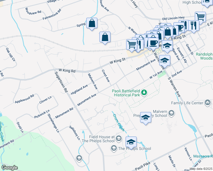 map of restaurants, bars, coffee shops, grocery stores, and more near 433 Monument Avenue in Malvern