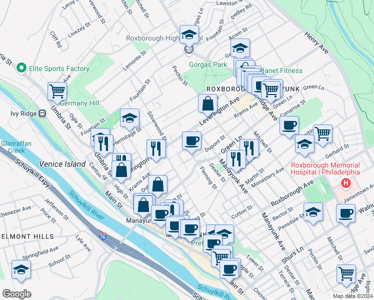 map of restaurants, bars, coffee shops, grocery stores, and more near 4566 Fleming Street in Philadelphia