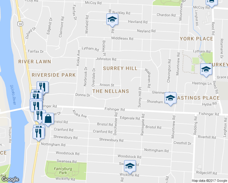 map of restaurants, bars, coffee shops, grocery stores, and more near 2420 Donna Drive in Columbus