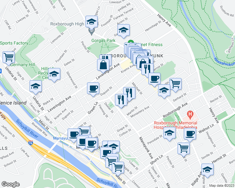 map of restaurants, bars, coffee shops, grocery stores, and more near 375 Green Lane in Philadelphia