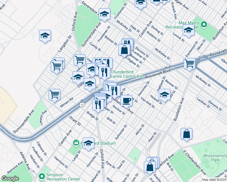 map of restaurants, bars, coffee shops, grocery stores, and more near 5835 Roosevelt Boulevard in Philadelphia