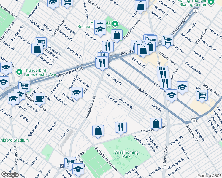map of restaurants, bars, coffee shops, grocery stores, and more near 2056 Devereaux Avenue in Philadelphia