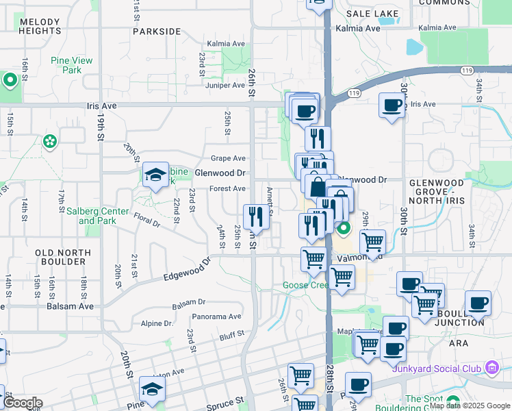 map of restaurants, bars, coffee shops, grocery stores, and more near 3122 Folsom Street in Boulder