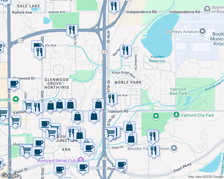 map of restaurants, bars, coffee shops, grocery stores, and more near 3124 Bell Drive in Boulder