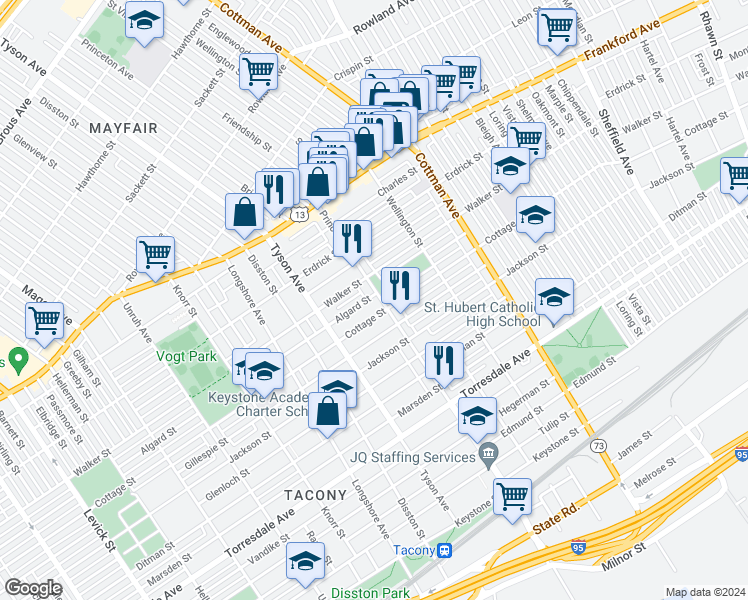 map of restaurants, bars, coffee shops, grocery stores, and more near 4301 Princeton Avenue in Philadelphia