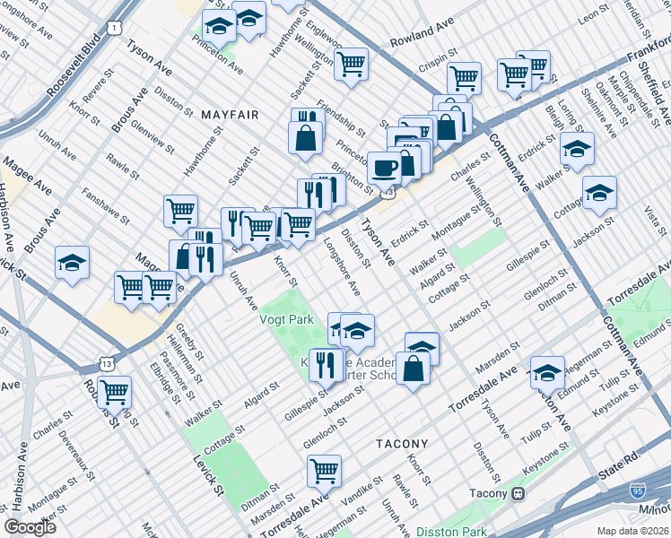 map of restaurants, bars, coffee shops, grocery stores, and more near 4124 Longshore Avenue in Philadelphia