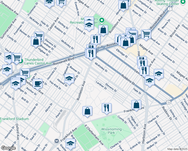 map of restaurants, bars, coffee shops, grocery stores, and more near 2033 Lardner Street in Philadelphia