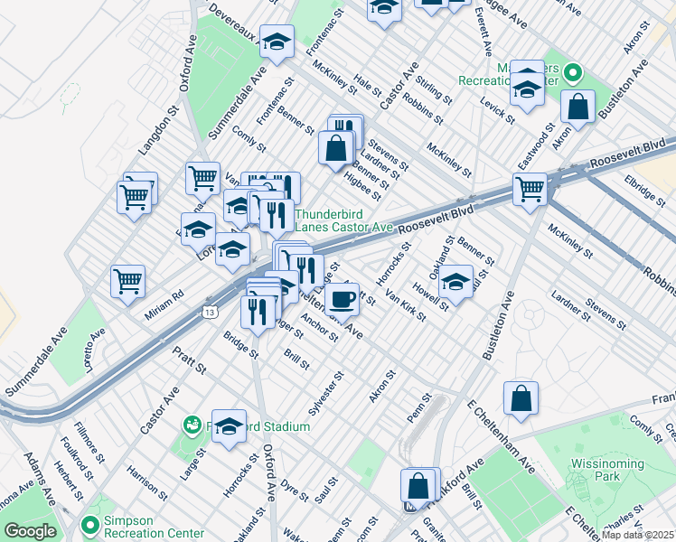 map of restaurants, bars, coffee shops, grocery stores, and more near 5901 Roosevelt Boulevard in Philadelphia