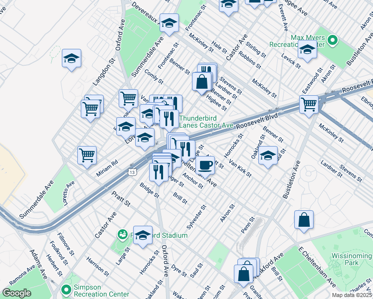 map of restaurants, bars, coffee shops, grocery stores, and more near 5851 Roosevelt Boulevard in Philadelphia