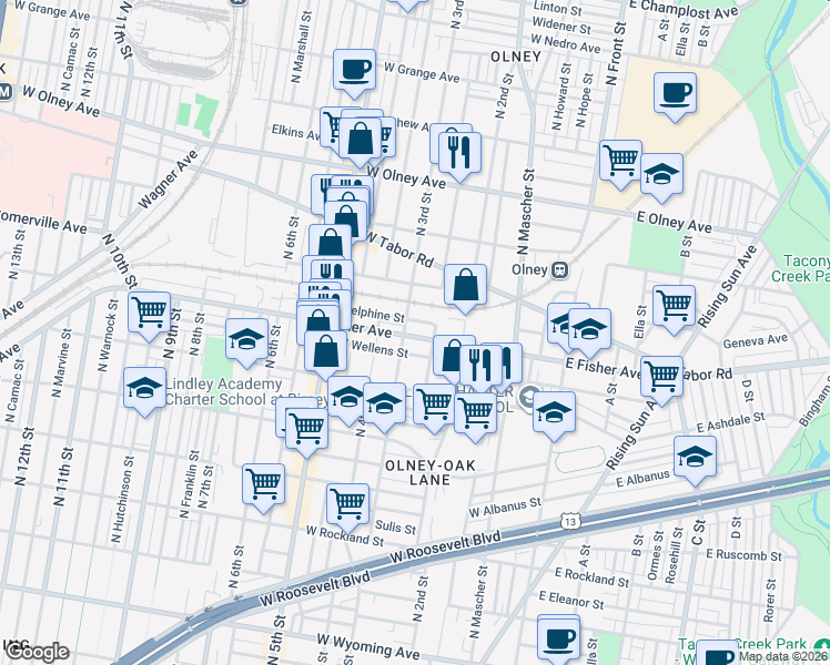 map of restaurants, bars, coffee shops, grocery stores, and more near 240 Delphine Street in Philadelphia