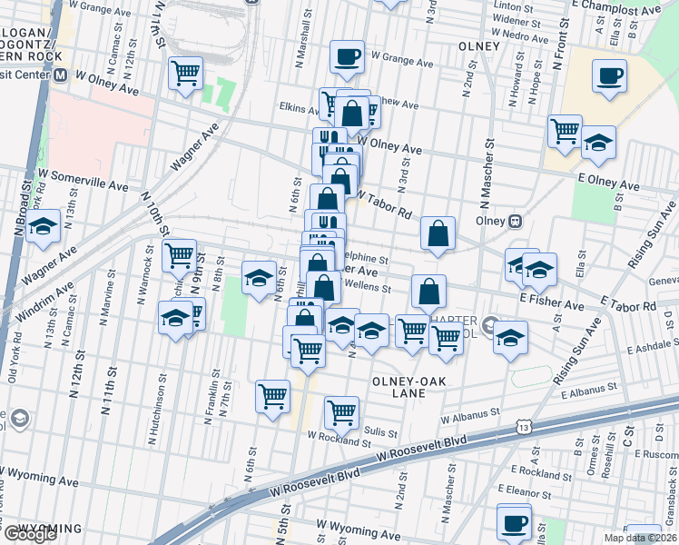 map of restaurants, bars, coffee shops, grocery stores, and more near 431 West Fisher Avenue in Philadelphia