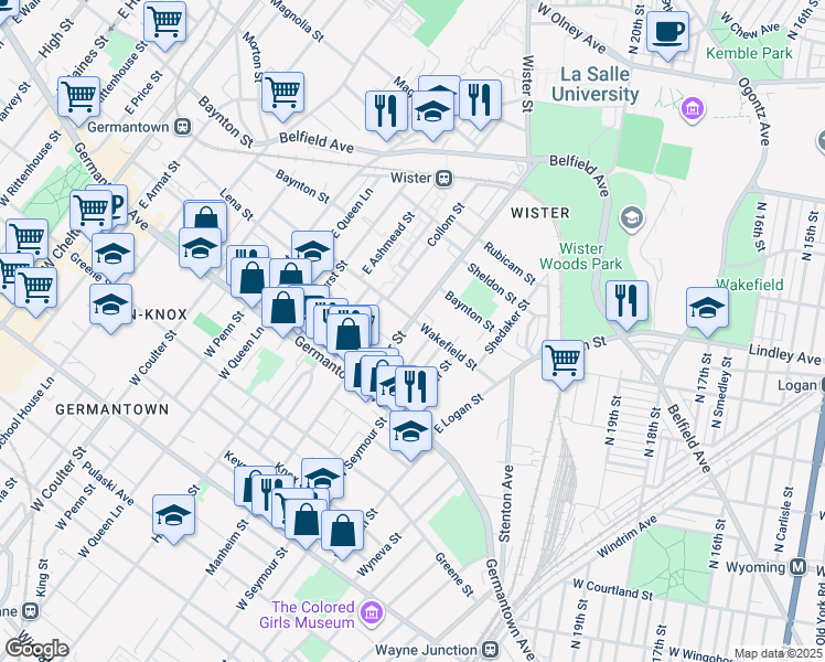 map of restaurants, bars, coffee shops, grocery stores, and more near 5112 Wakefield Street in Philadelphia